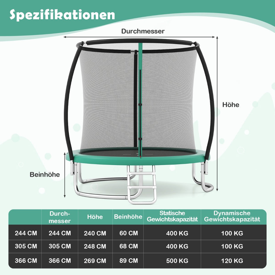 Trampolin – utomhus med stege, rund säkerhetsnät, kantöverdrag och metallram – Ø 305 cm – Grön