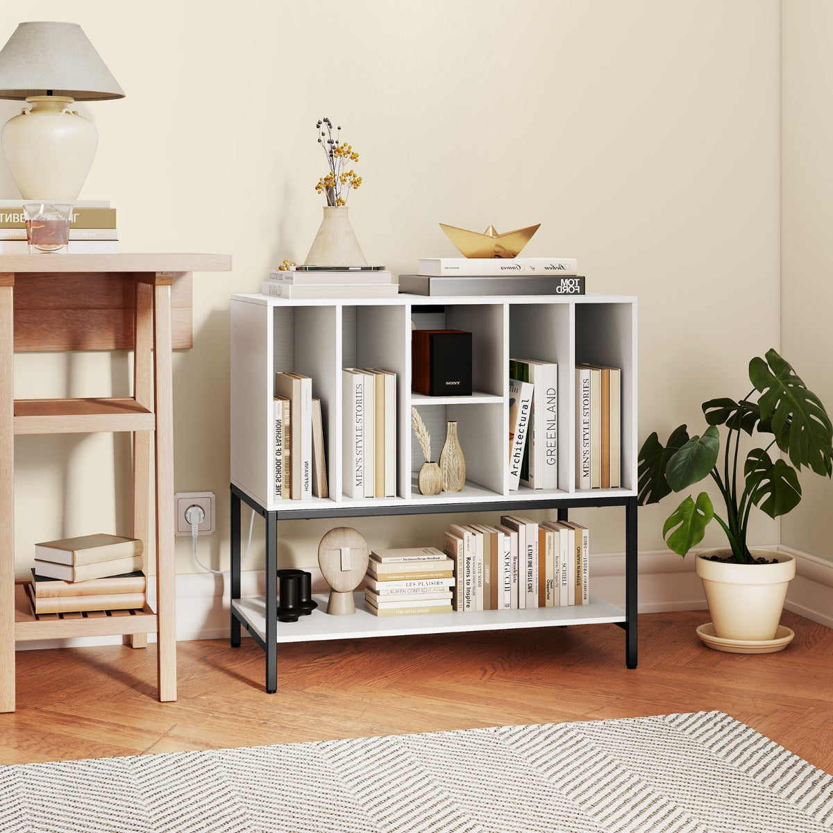 Skivspelareställ – med laddstation och vinylförvaring Sidoskåp Vinyldisplay Hylla – Vit