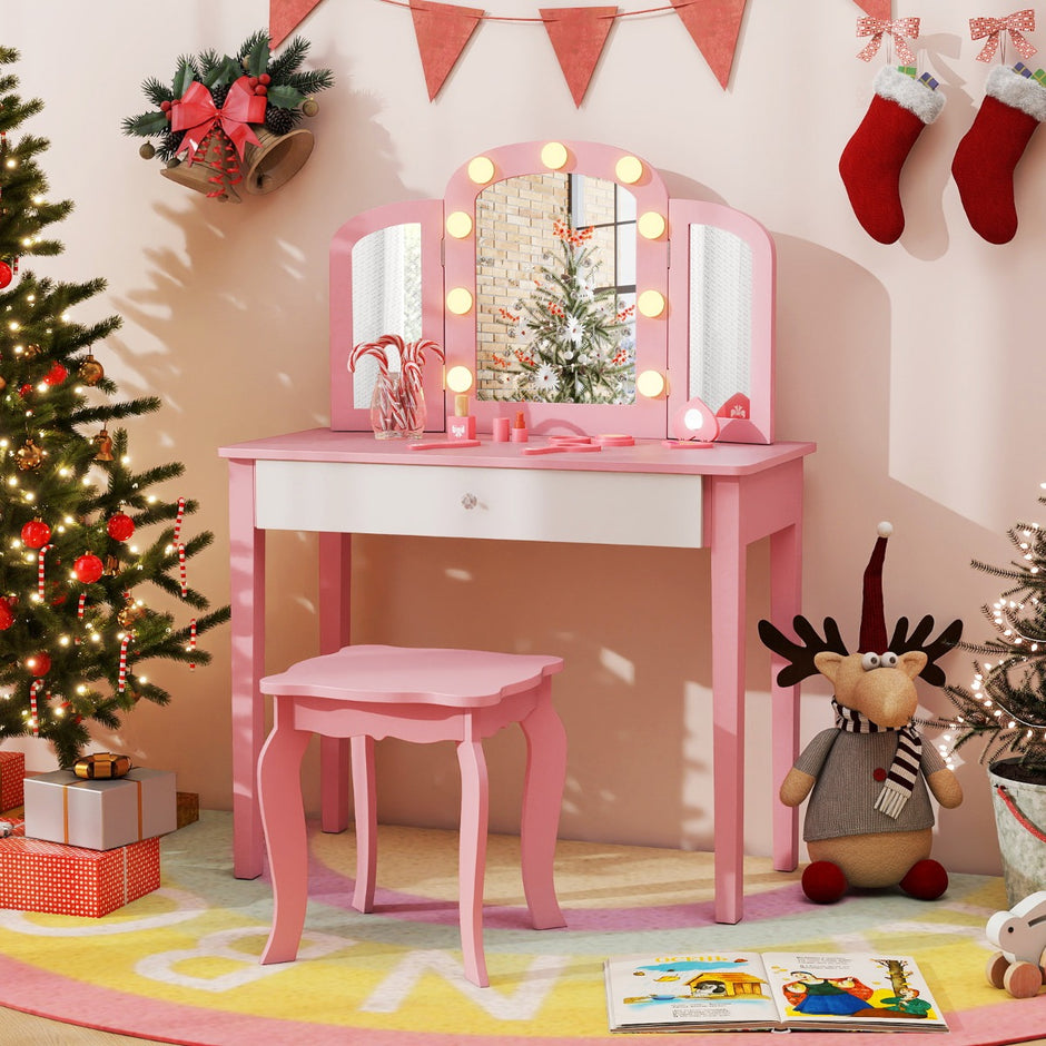 i – Barn Sminkbord Set med Avtagbar Spegel och Ljusfärg – 2 1 3 – Rosa