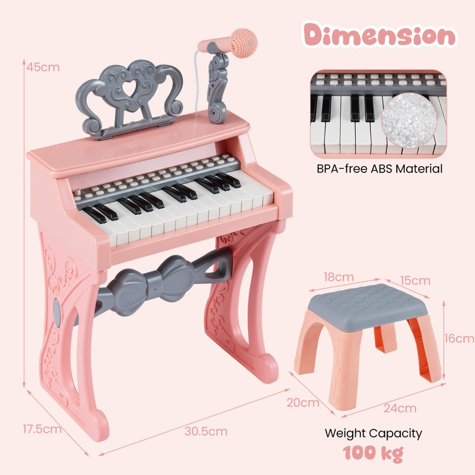 Mini – tangentbord med pall och notställ mikrofon elektriskt piano – 25 – Rosa