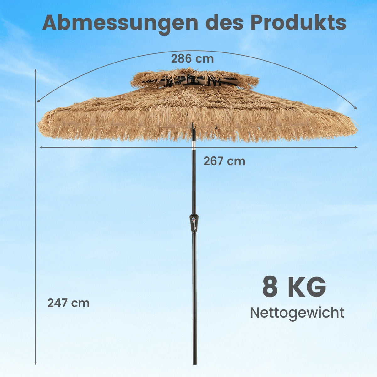 Hög – solskärm i hawaiiansk stil, halmtäckt Tiki terassparasol med ribbor – 8 247 cm – Natur