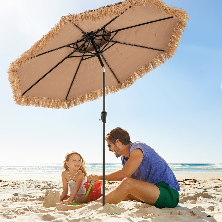 Hög – solskärm i hawaiiansk stil, halmtäckt Tiki terassparasol med ribbor – 8 247 cm – Natur