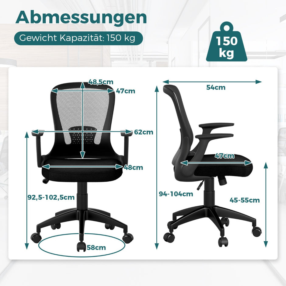 Ergonomisk – kontorsstol med fällbara armstöd och ländryggsstöd – Svart