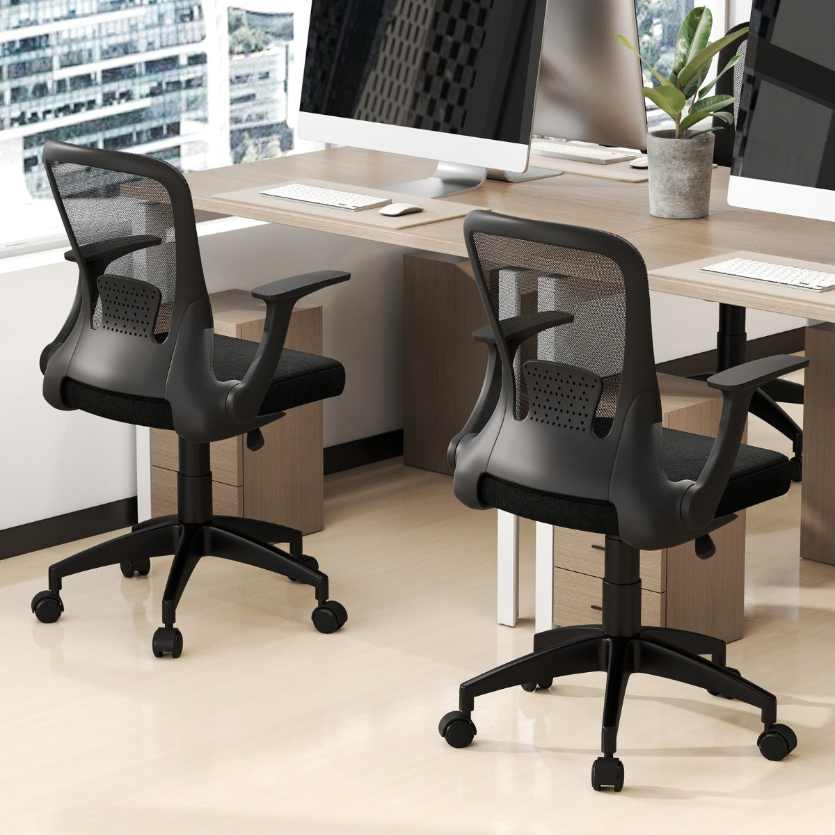 Ergonomisk – kontorsstol med fällbara armstöd och ländryggsstöd – Svart