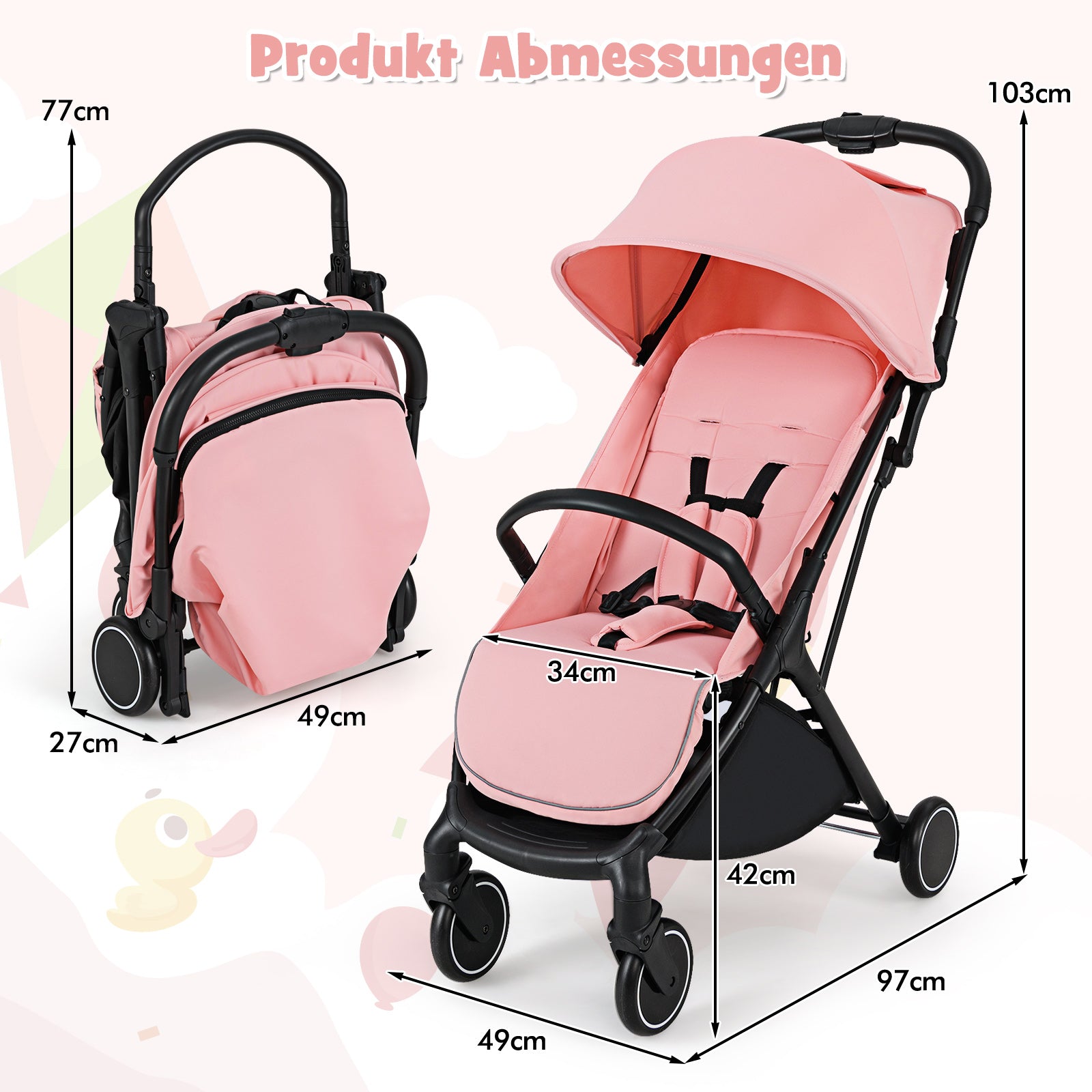 Hopfällbar – barnvagn resebuggy med liggfunktion barnbuggy bärbar justerbart ryggstöd upp till belastning – 15 kg – Rosa