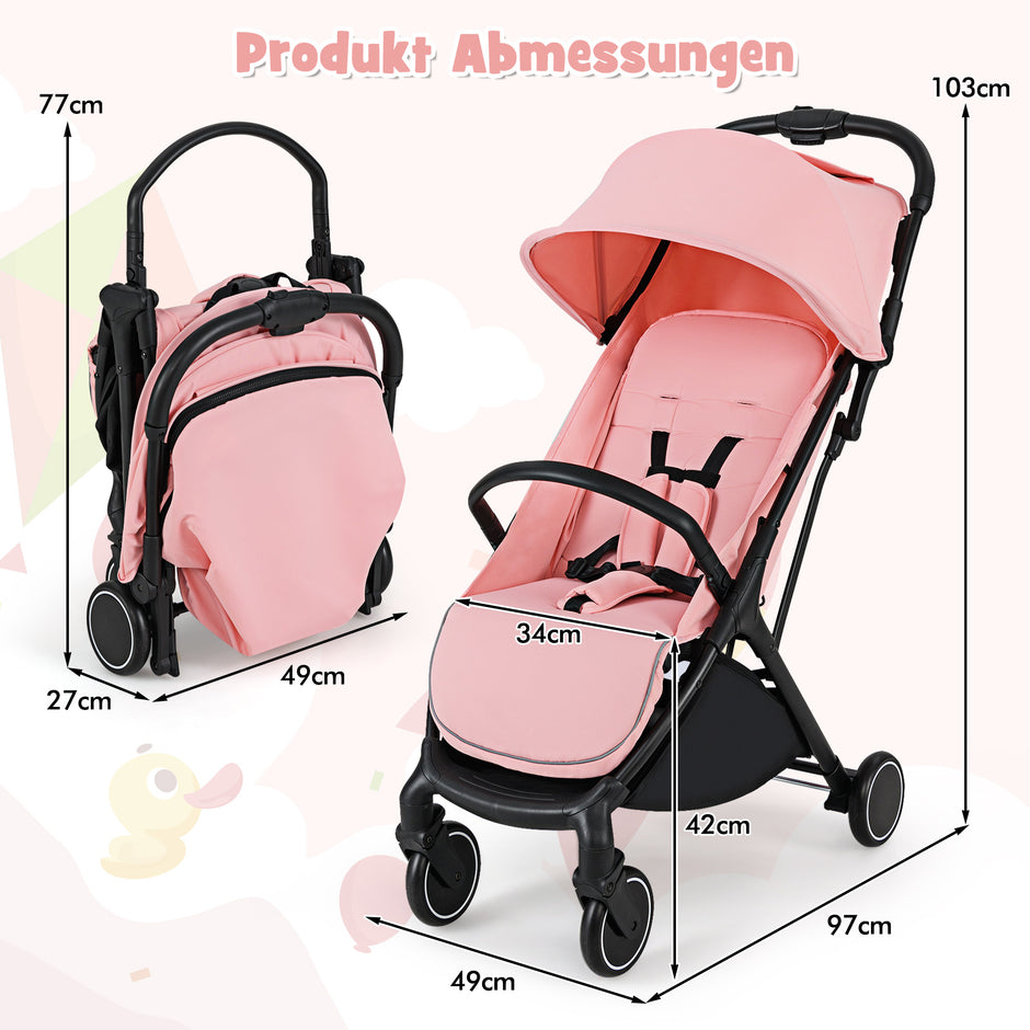 Hopfällbar – barnvagn resebuggy med liggfunktion barnbuggy bärbar justerbart ryggstöd upp till belastning – 15 kg – Rosa