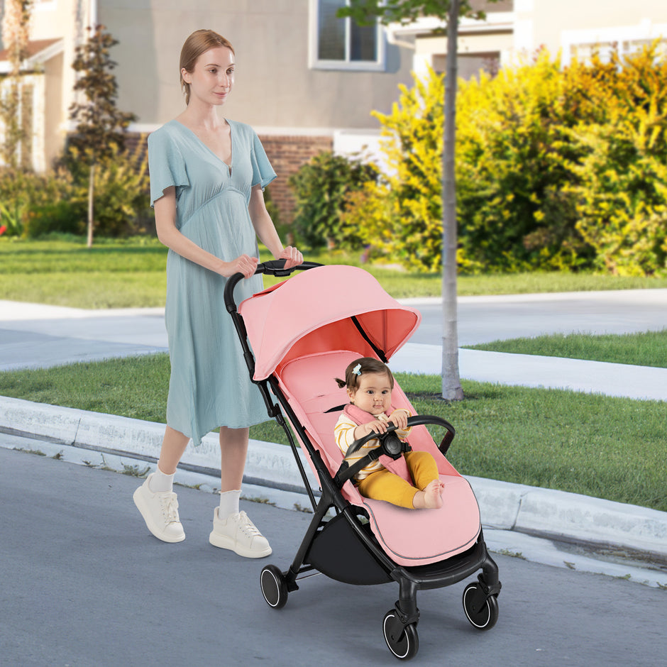 Hopfällbar – barnvagn resebuggy med liggfunktion barnbuggy bärbar justerbart ryggstöd upp till belastning – 15 kg – Rosa