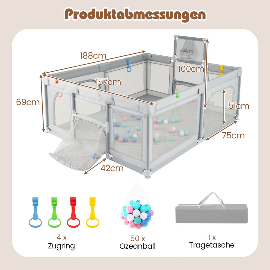 Babygaller – med basketkorg Fotbollsmål Fällbart för småbarn dragkedjedörr – 188 x 157 cm – Ljusgrå