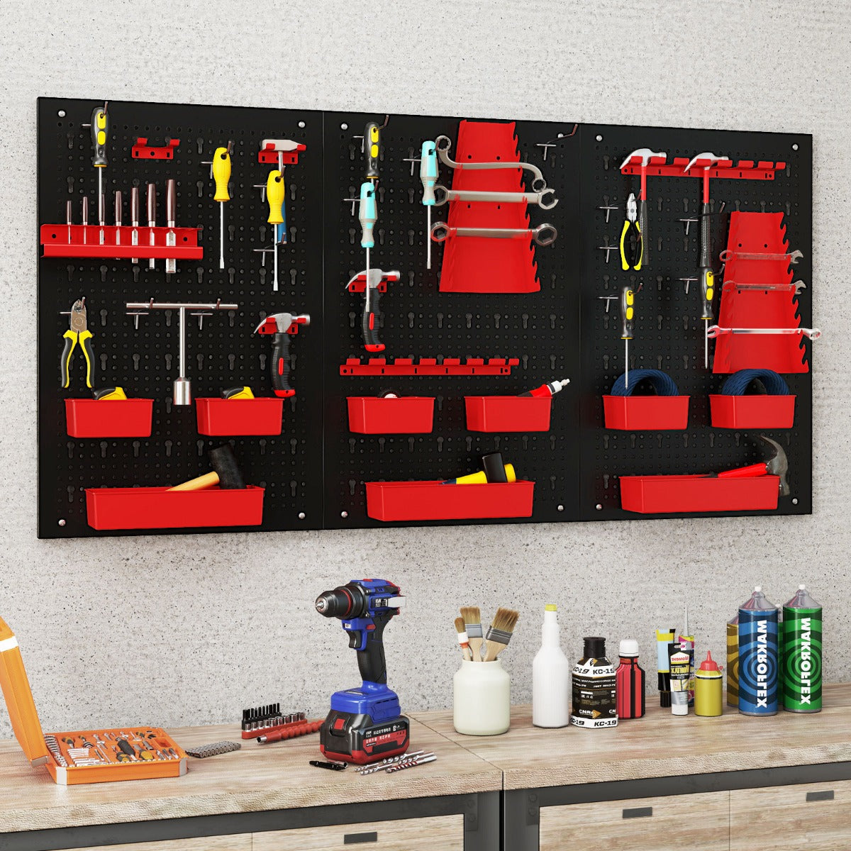 Metallverktygsvägg – med delade förvaringslådor och verktyghållare krokar – 9 – Röd