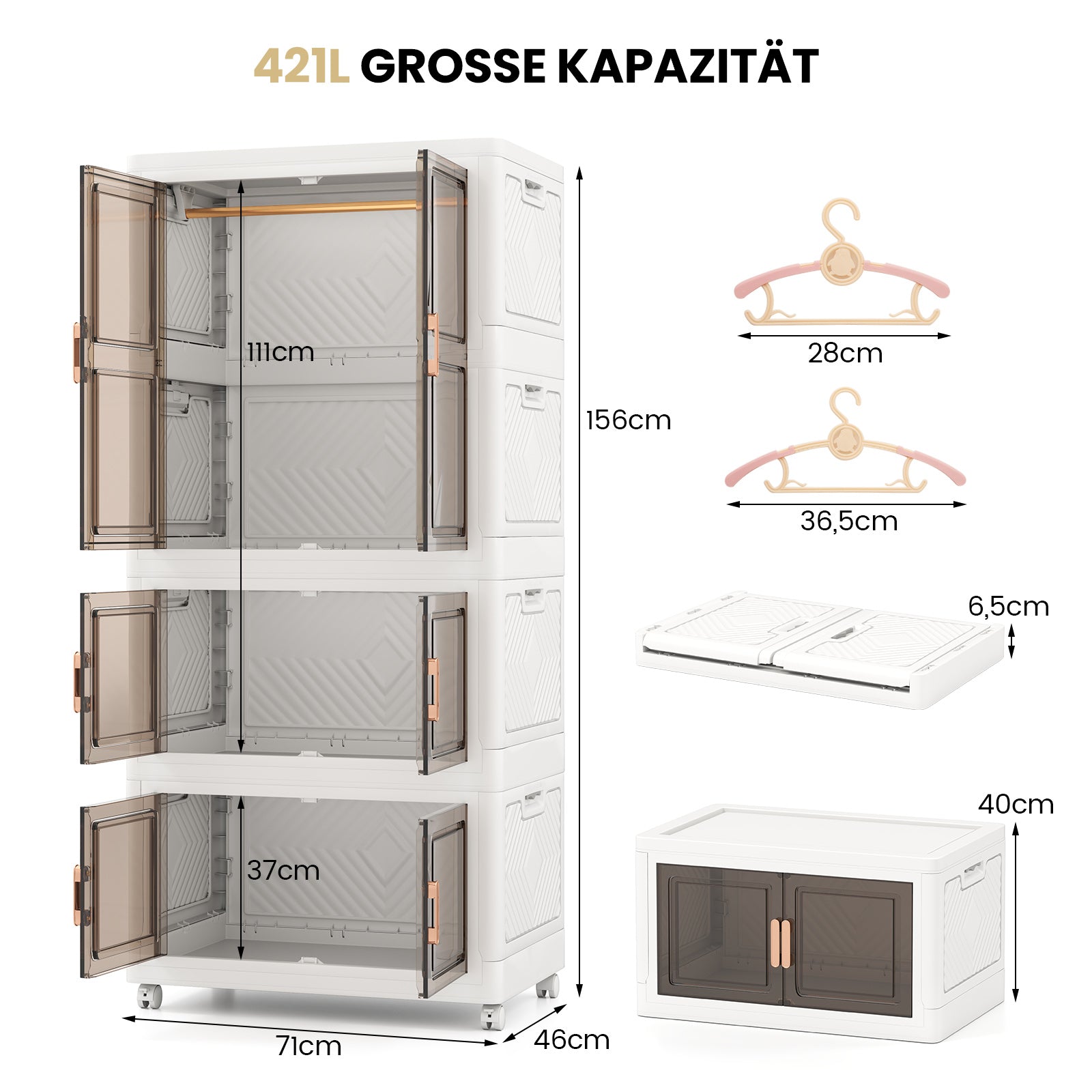 Klädkammare – med klädhängare 421L Garderobskåp hopfällbart Mångsidigt hjul fri kombination – 10 71 x 46 x 156 cm – Vit