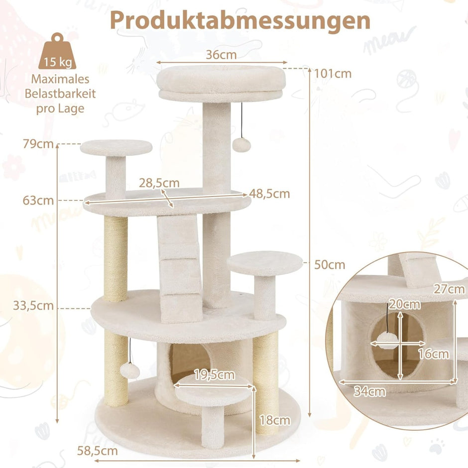 Liten – klösträd med kattgrotta och boll stege i trä – Beige