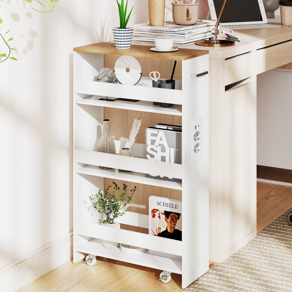 Bred – Nischvagn på Hjul Etage Smal Köksvagn Serveringsvagn + – 4 20 cm – Natur + vit