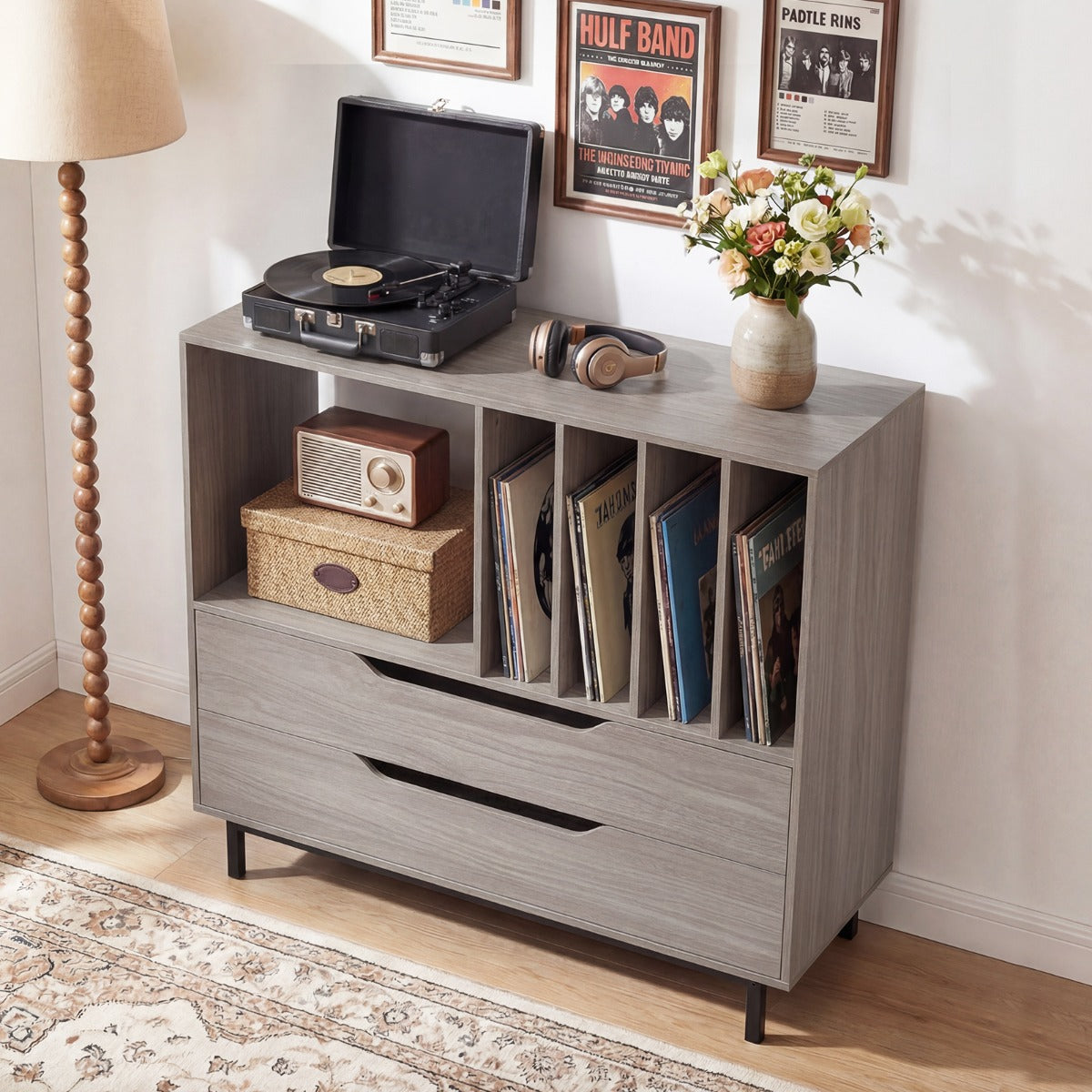 Skivspelare – med vinylfack och lådor Retro Vinylhållare – 4 2 – Grå