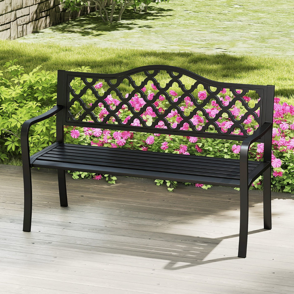 Trädgårdsbänk – Metall väderbeständig sittbänk för personer parkbänk med ryggstöd och armstöd – 2 128 x 54 x 89 cm – Svart