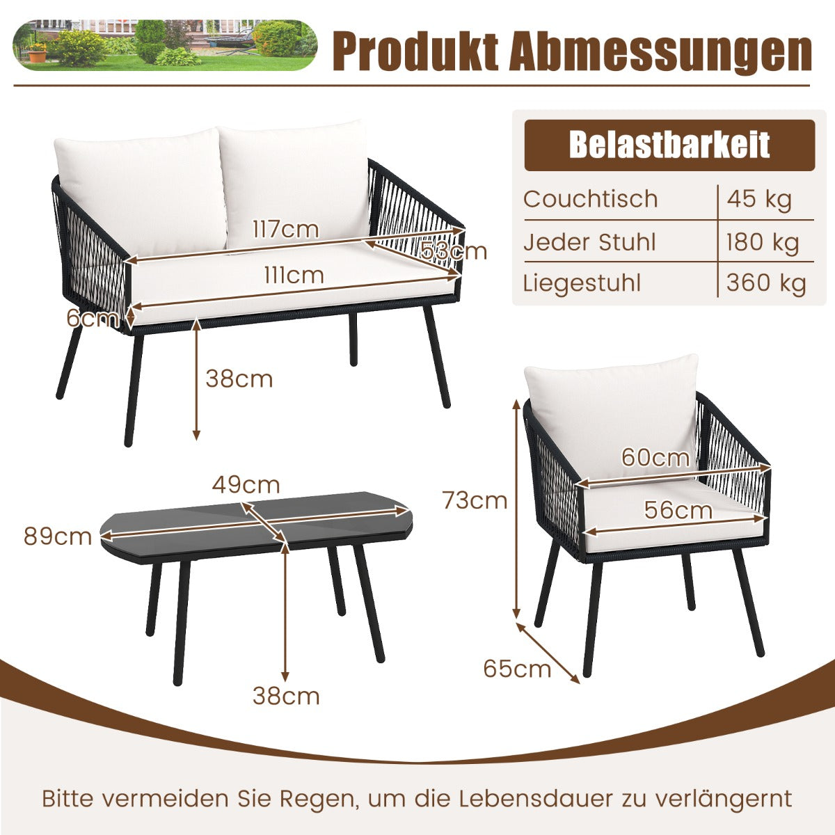 Rattan – Trädgårdsmöbler Set Balkongmöbler med sitt och ryggkuddar Terrassmöbler – Svart