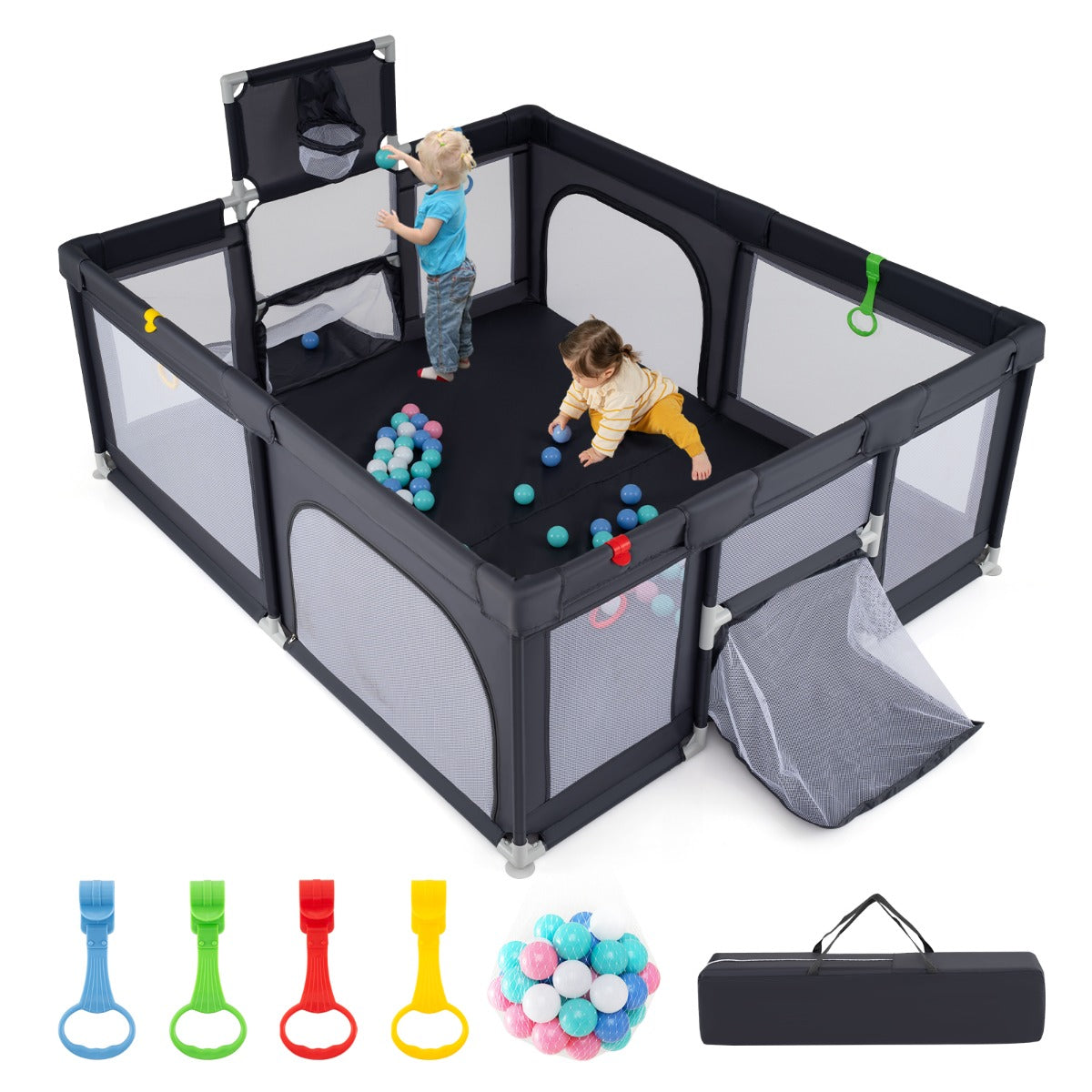Babygaller – med basketkorg Fotbollsmål Fällbart för småbarn dragkedjedörr – 188 x 157 cm – Mörkgrå