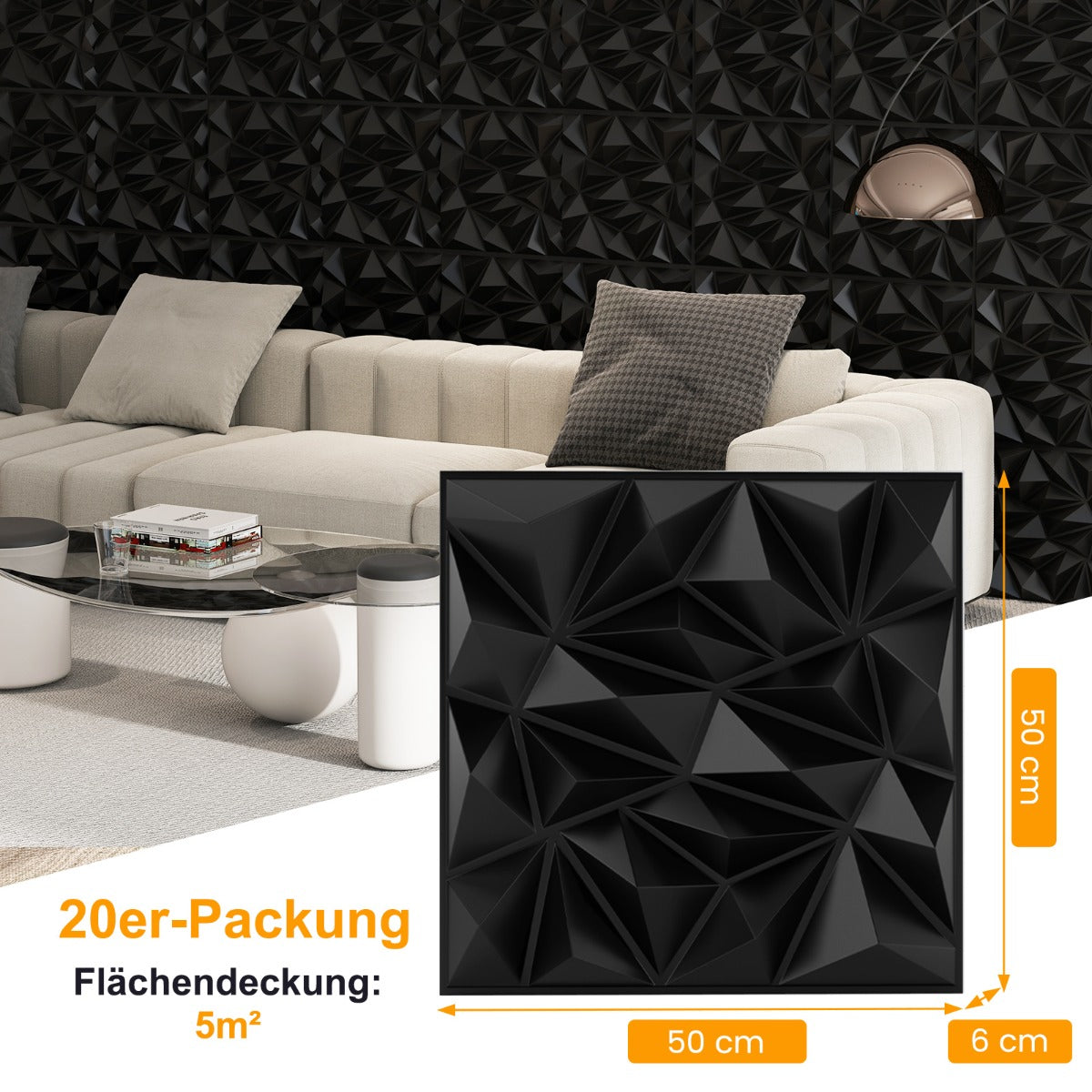 stycken – 3D väggpaneler diamant väggbeklädnad väggdekoration 5m² – 20 50 x 50 cm – Svart