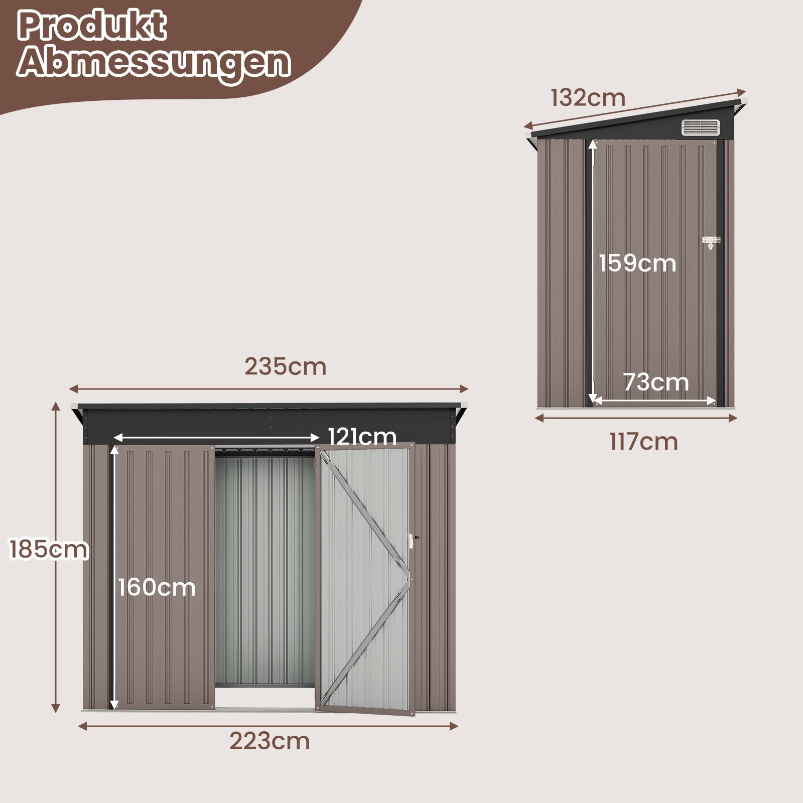 Metallträdgårdshus – med framsida dörr och pulpettak redskapsbod redskapsförråd – 235 x 117 x 185 cm – Ljusbrun
