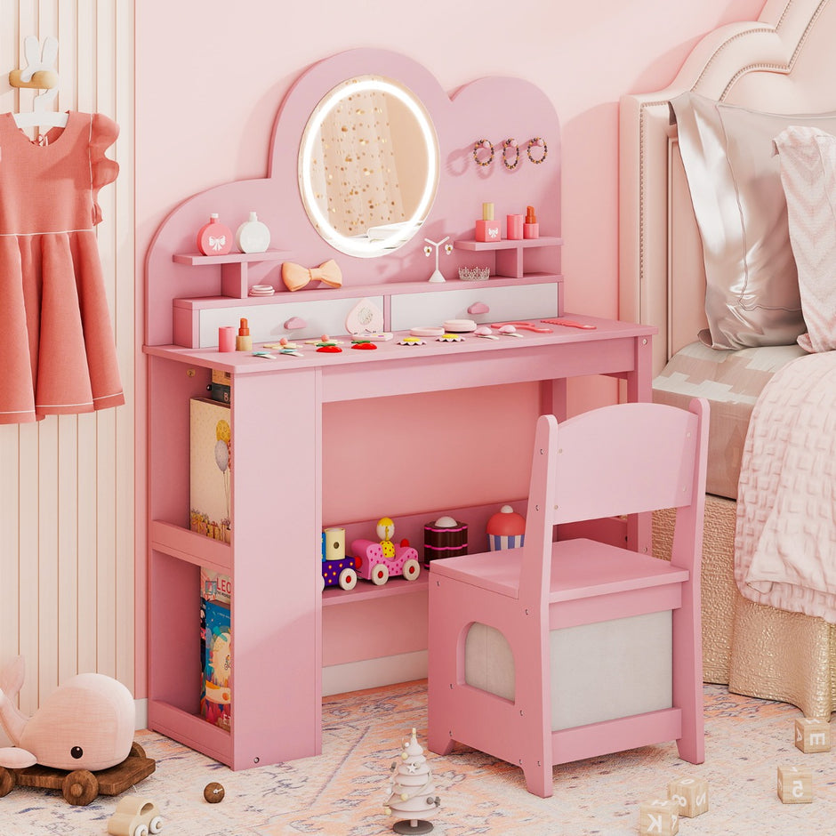Barnsminkbord – med belysning Prinsessans frisörbord och stolsset lådor – 2 – Rosa