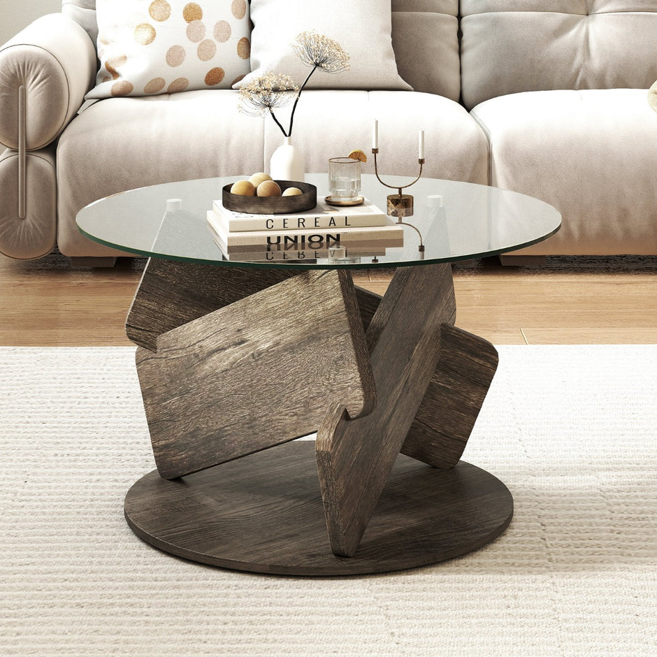 Rund – glasbord med härdat och massivträram Modernt soffbord – Ø 81 cm – Grå