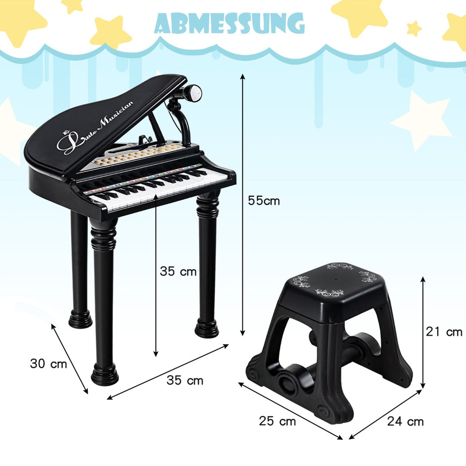 Barnpiano – med nycklar och pall Leksak Portable – 31 35 x 30 x 55 cm – Svart