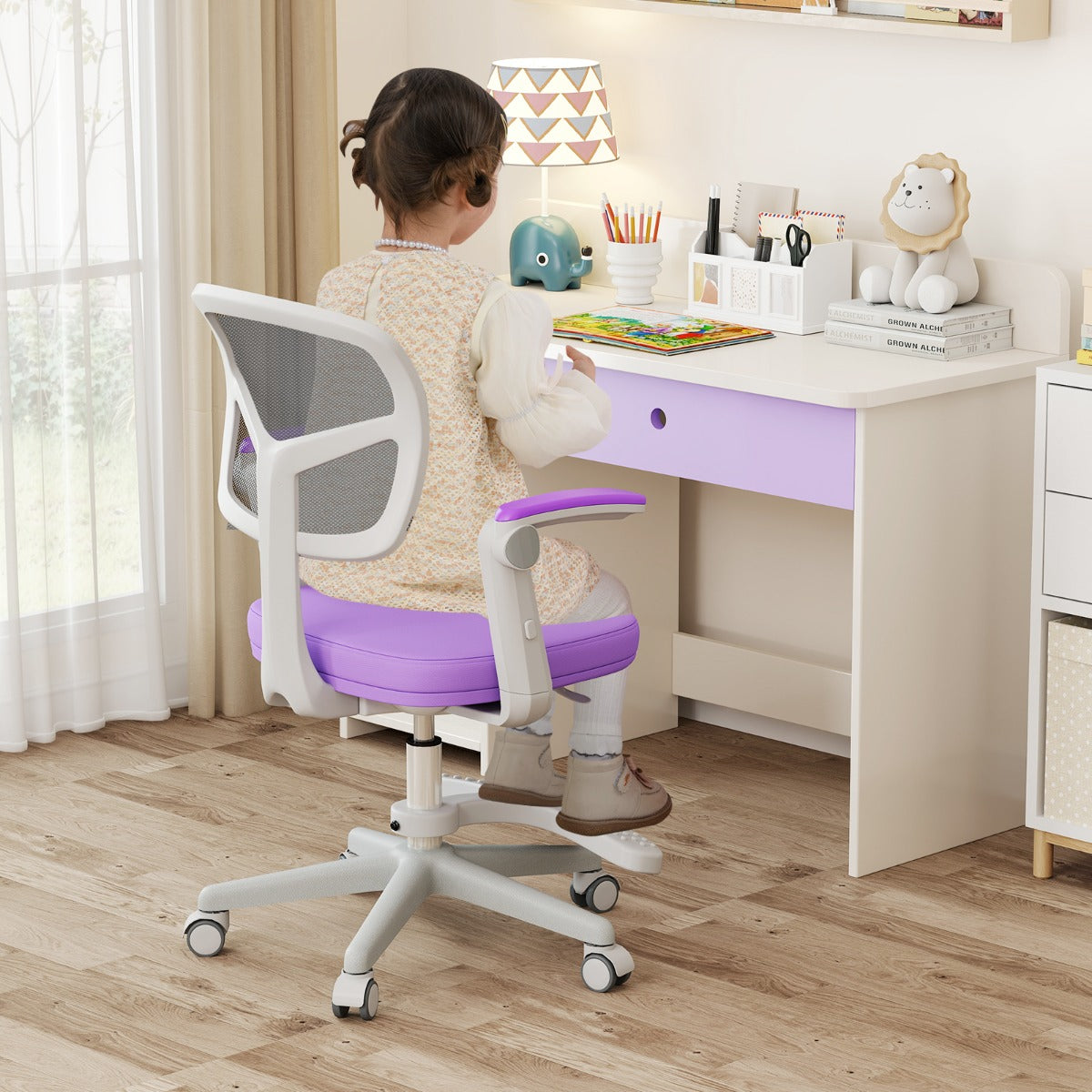 Barnskrivbordsstol – med höj och sänkbar sits Barnroterbar hjul Violett – 41-52 cm – Lila