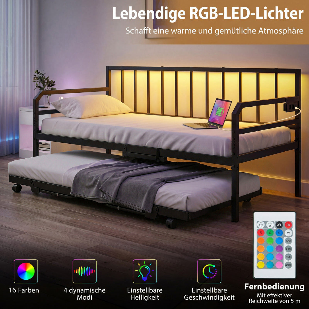 Enkelstorlek – dagbädd med LED ljus och laddstation soffsängsram utdragbart underlägg – Svart