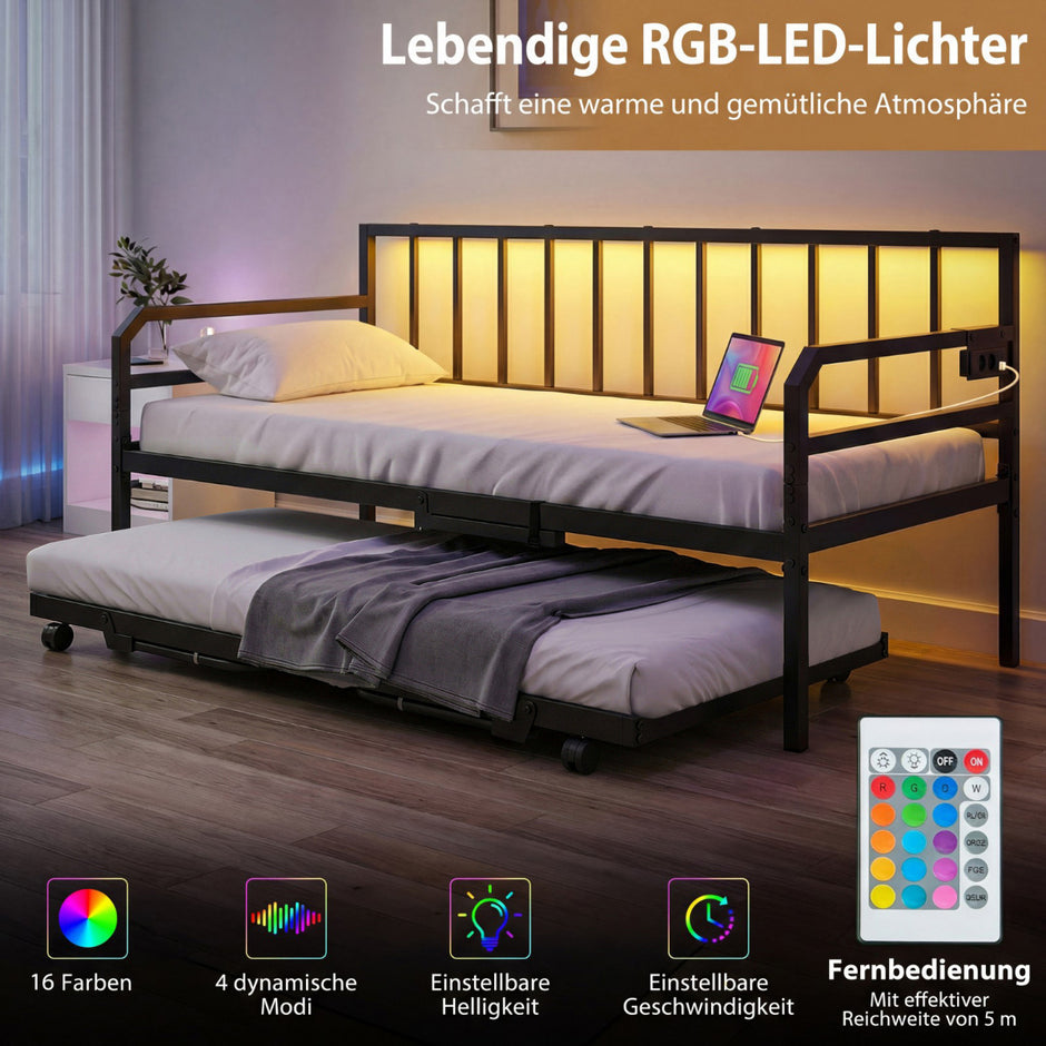 Enkelstorlek – dagbädd med LED ljus och laddstation soffsängsram utdragbart underlägg – Svart