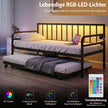 Enkelstorlek – dagbädd med LED ljus och laddstation soffsängsram utdragbart underlägg – Svart