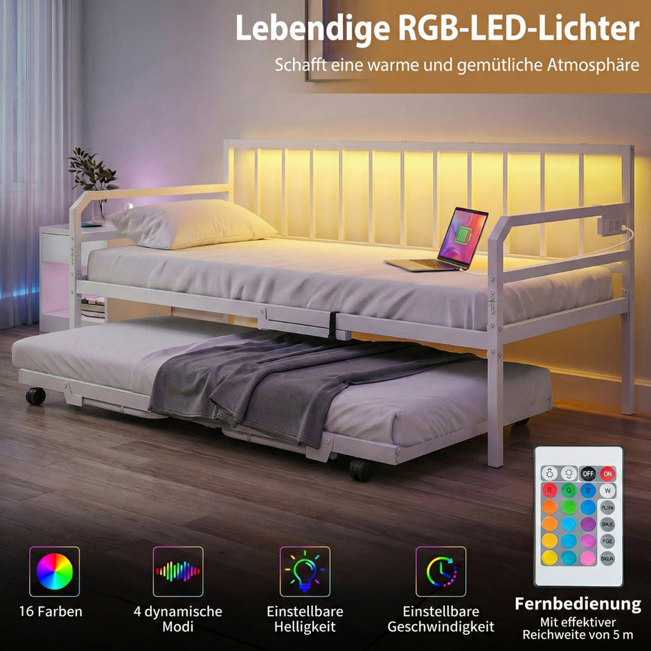 Enkelstorlek – dagbädd med LED ljus och laddstation soffsängsram utdragbart underlägg Vitt – Vit