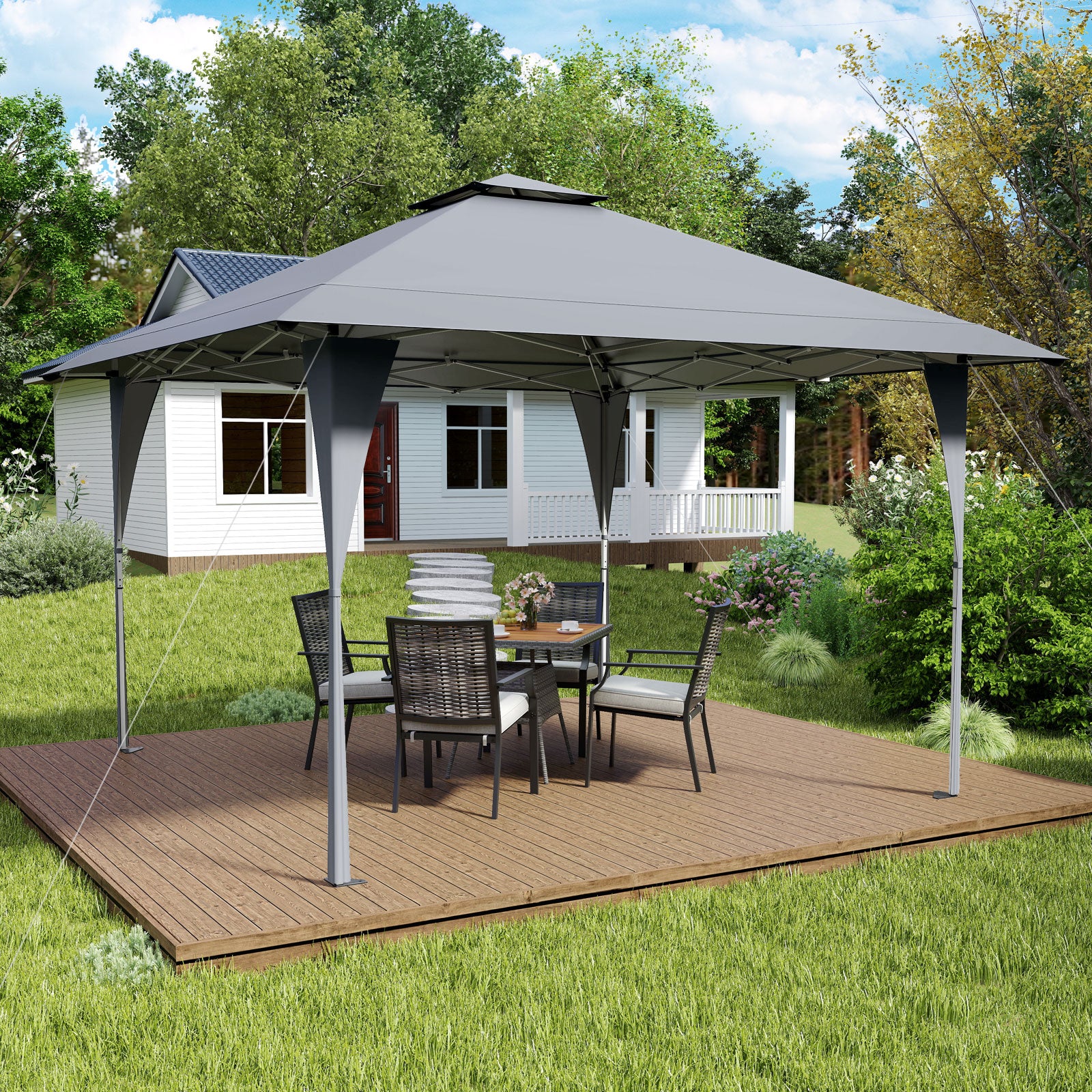 Pop – Up Paviljong Höj och sänkbart med Dubbel Tak Metallram – 4 x 4 m – Grå