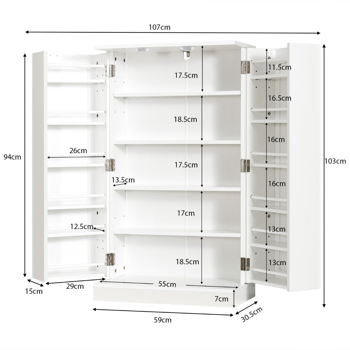Dubbeldörrsförvaringsskåp – med justerbara hyllplan – 6 59 x 30,5 x 103,5 cm – Vit
