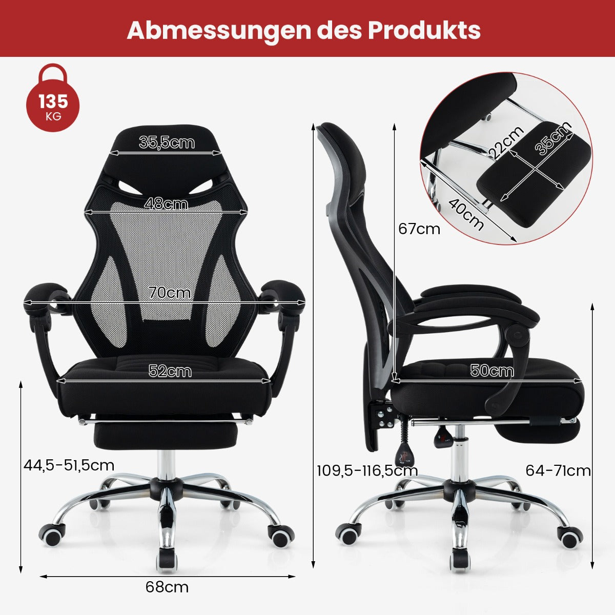 Ergonomisk – kontorsstol i mesh med fotstöd och höjdjusterbart fällbart ryggstöd Executive – Svart