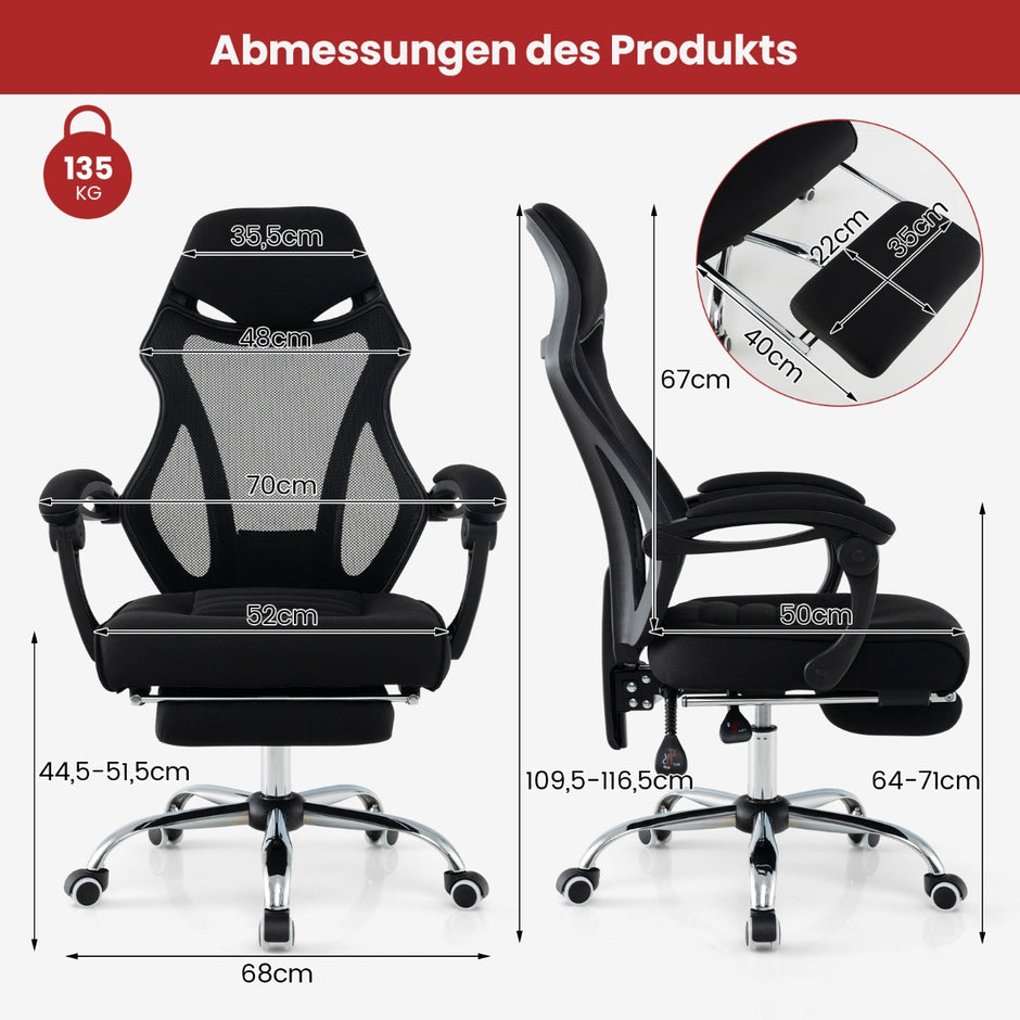 Ergonomisk – kontorsstol i mesh med fotstöd och höjdjusterbart fällbart ryggstöd Executive – Svart