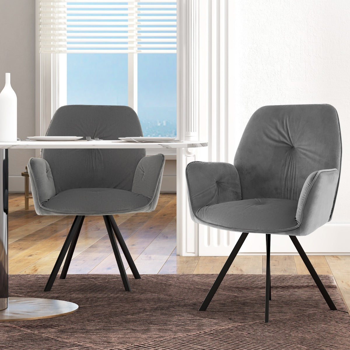 Set – med snurrstolar av sammet, 360° vridbara matsalsstolar metallben, – 2 , 63 x 59 x 87 cm – Grå