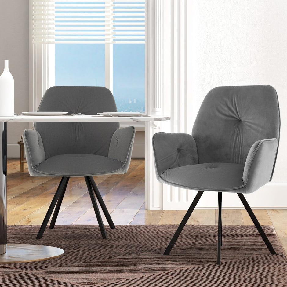 Set – med snurrstolar av sammet, 360° vridbara matsalsstolar metallben, – 2 , 63 x 59 x 87 cm – Grå