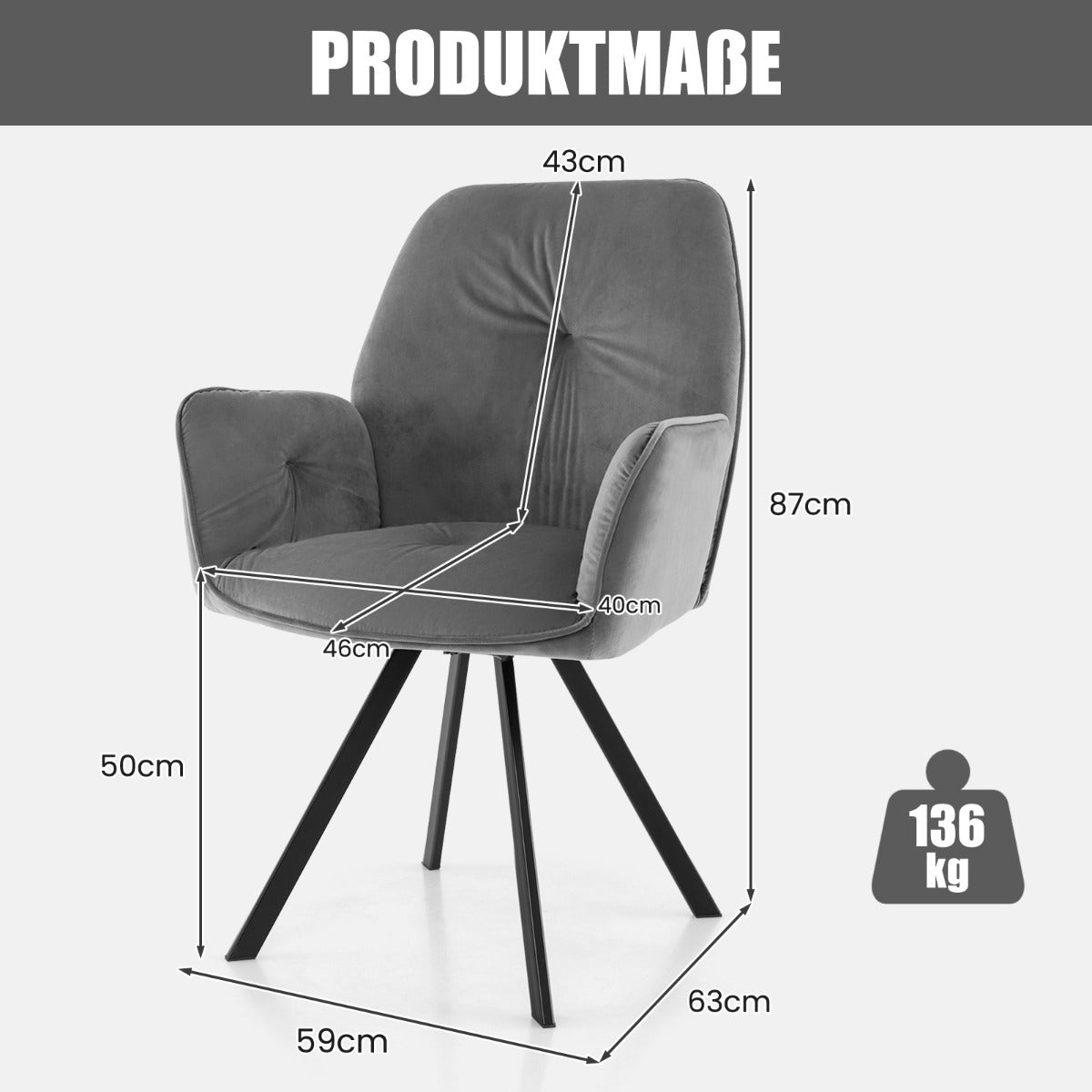 Set – med snurrstolar av sammet, 360° vridbara matsalsstolar metallben, – 2 , 63 x 59 x 87 cm – Grå
