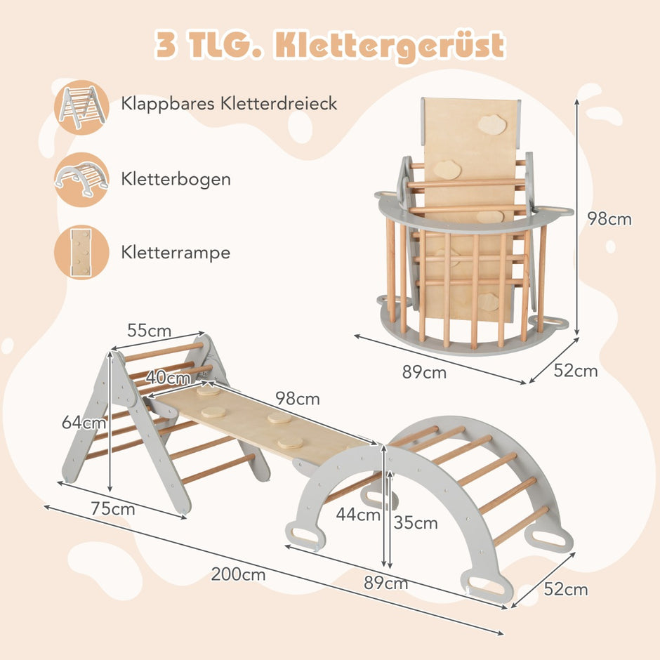 Klättertriangel – med rutschkana klätterbåge inklusive dubbelsidig ramp – Grå