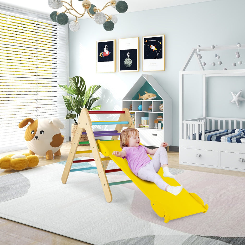 Klättertriangel – Triangulär klätterställning i trä med ramp – 86,5 x 48 x 73,5 cm – Färgglad