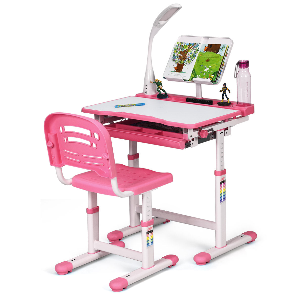 Barn – Skrivbord Tilt Justerbart Student med Lampa och Stol Färg Val – Rosa