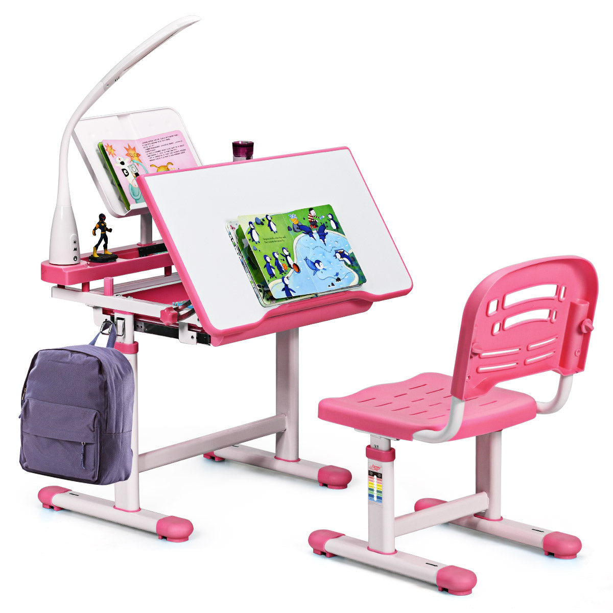 Barn – Skrivbord Tilt Justerbart Student med Lampa och Stol Färg Val – Rosa