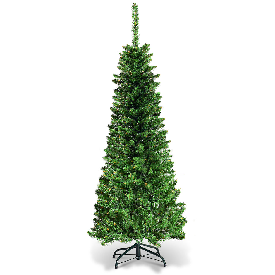 Julgran – smal med varmvita LED lampor konstgjord – 135 cm – Grön