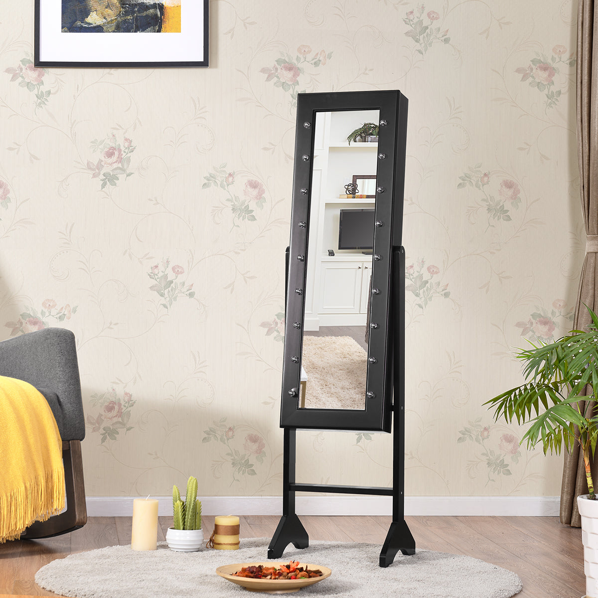LED smyckesskåp – Lutning Justerbar Stående Design Smyckehylla med fullängdsspegel – 18 35 x 31,5 x 145 cm – Svart