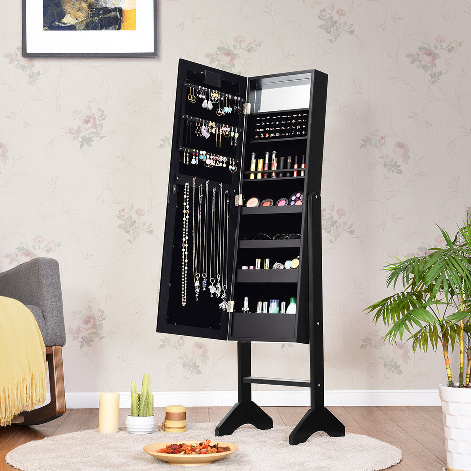 LED smyckesskåp – Lutning Justerbar Stående Design Smyckehylla med fullängdsspegel – 18 35 x 31,5 x 145 cm – Svart