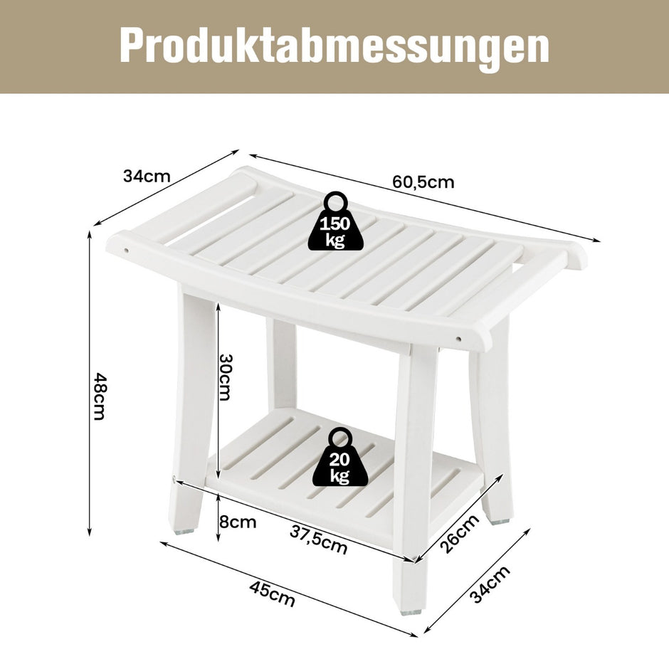 Duschbänk – Vattentät duschpall med böjd sits – 60,5 x 34 x 48 cm – Vit