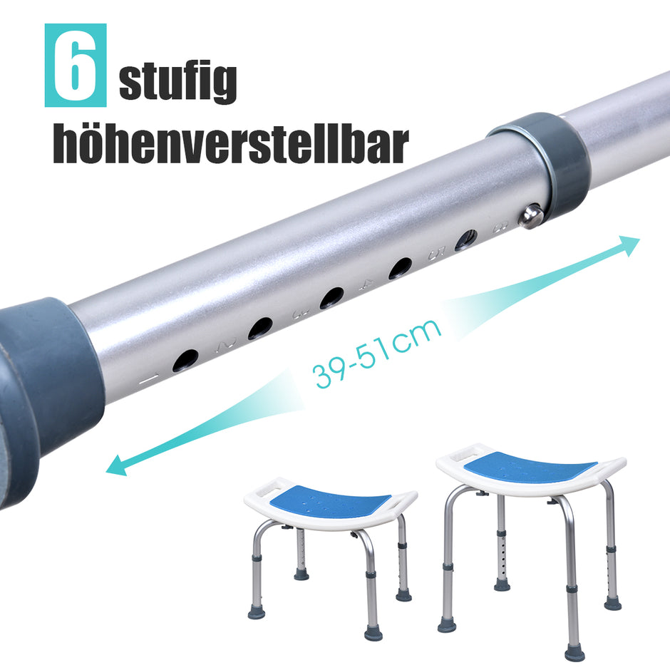 Höjdjusterbar – duschpall upp till lastkapacitet Medicinsk duschstol av aluminiumblått – 150 kg – Blå och vit