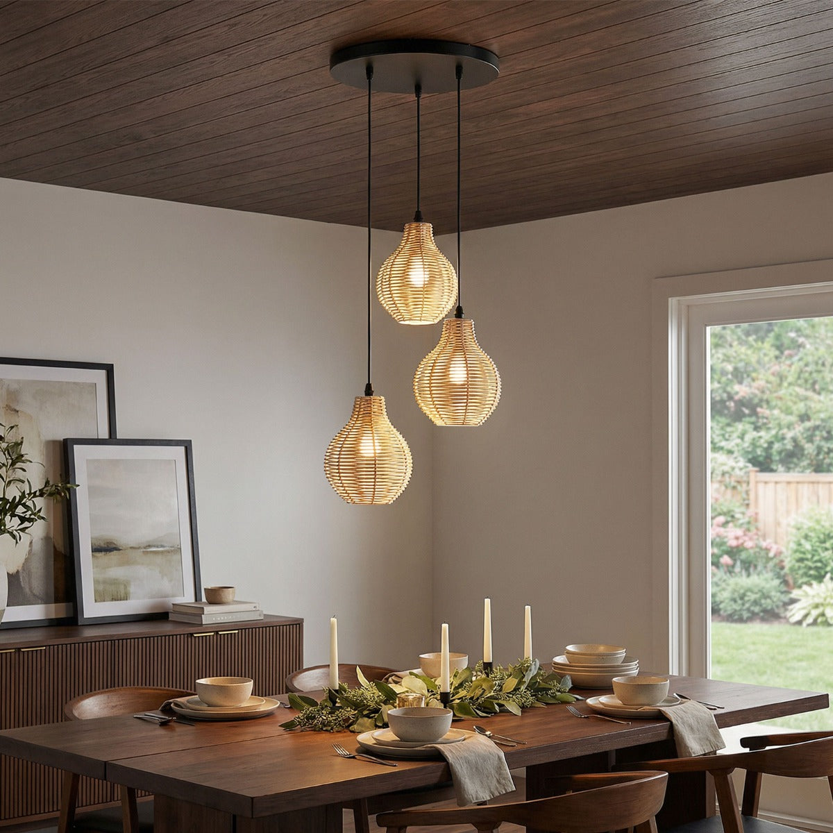 låga – Boho Rottan Hänglampa handvävd naturlig Korgkronljus med justerbart Höjd – 3 – Beige