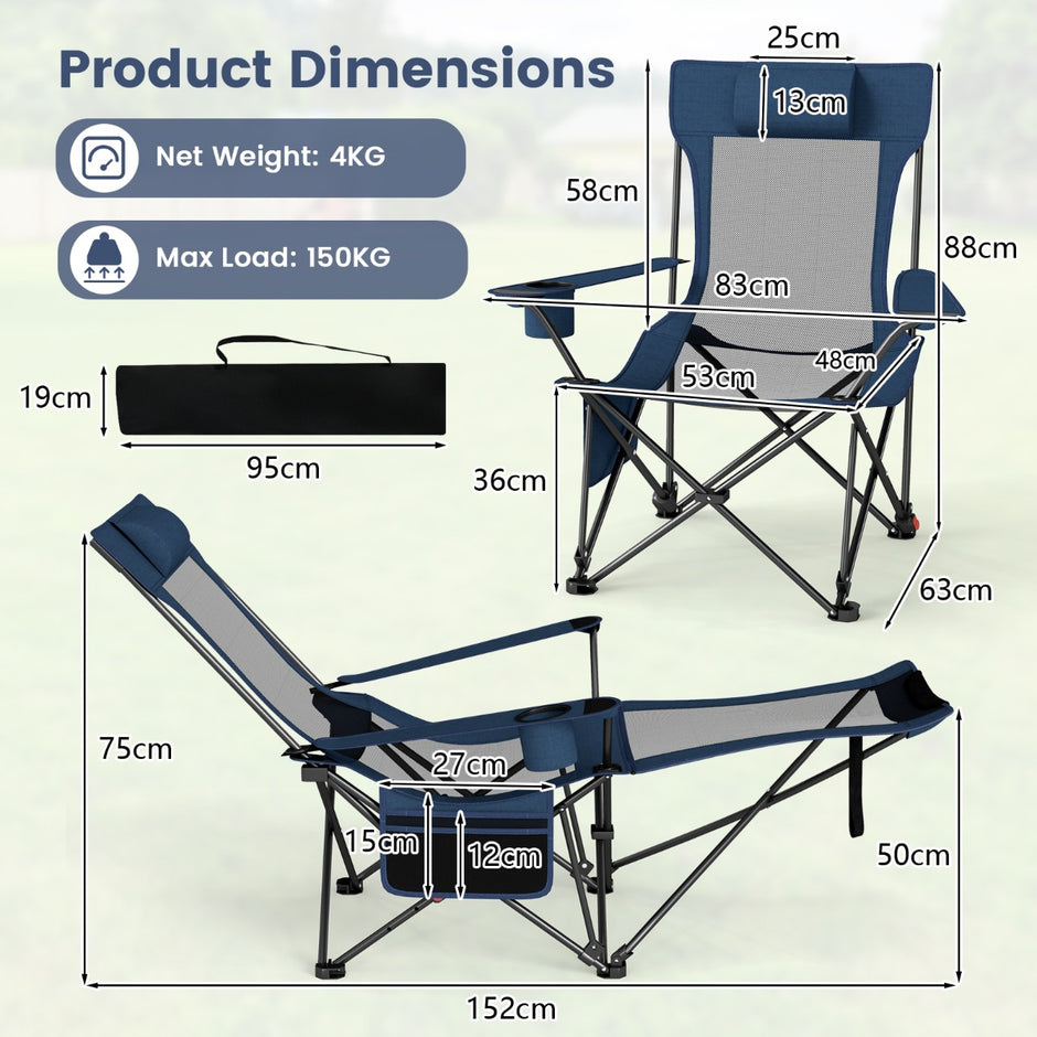 pack – campingstol med avtagbar fotstöd justerbart ryggstöd och nackstöd fiskestol – 2 – Mörkblå
