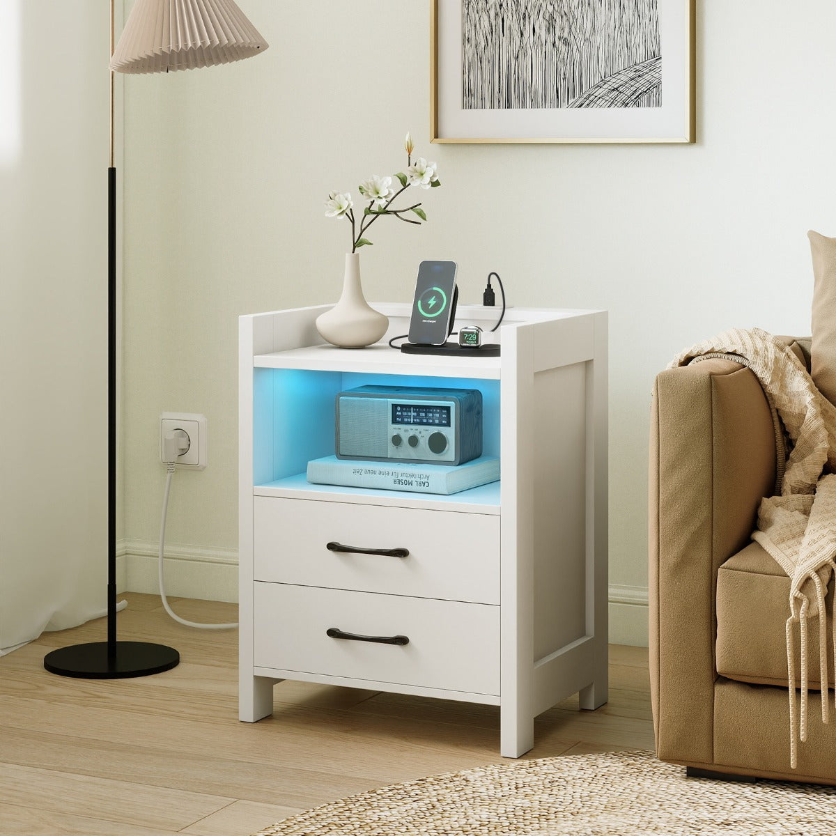 Nattduksbord – med LED belysning och laddningsstation lådor öppet förvaringsfack Sidobord Vitt – 2 45 x 35 x 60 cm – Vit