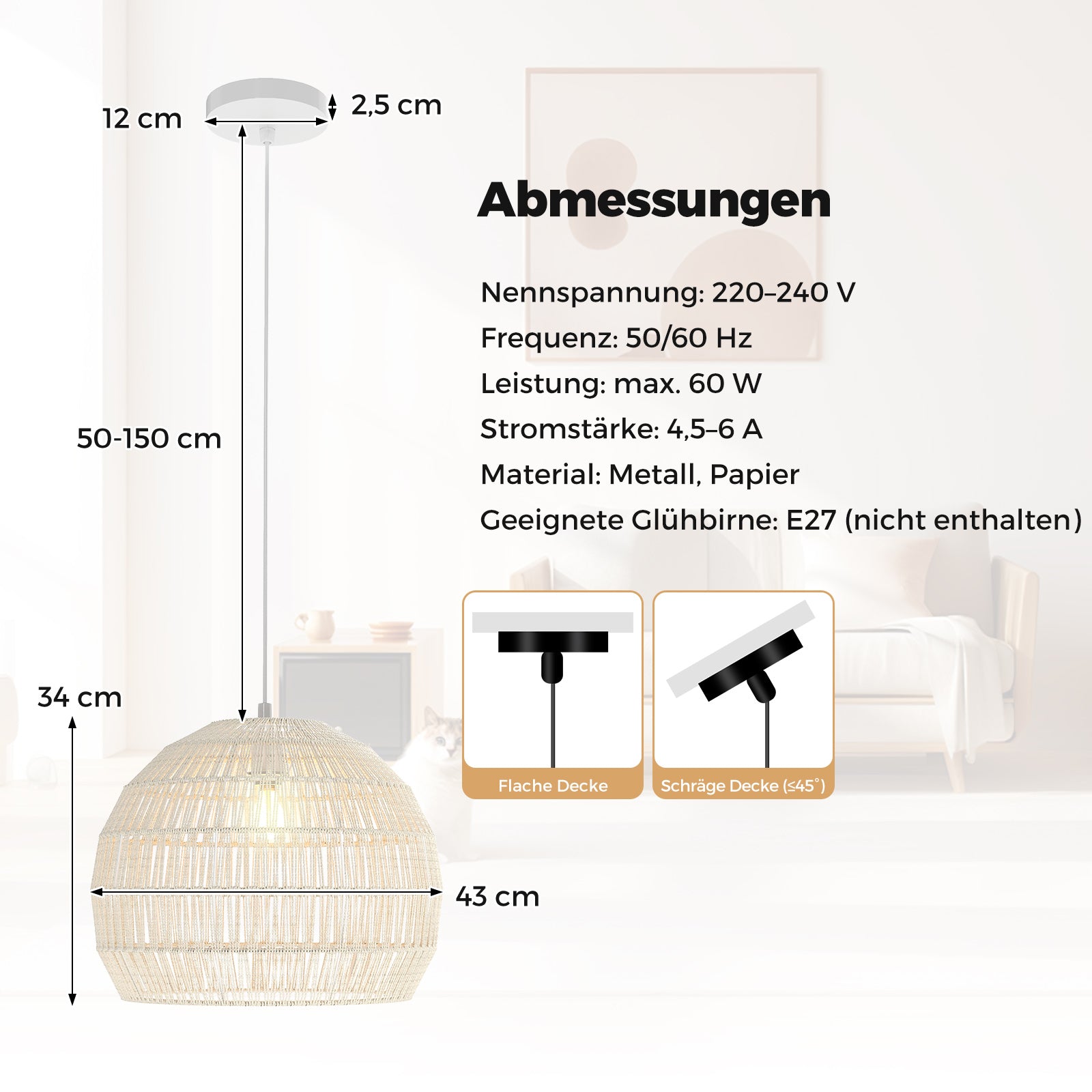 Flätad – pendellampa Boho taklampa med justerbar hänghöjd hänglampa – Beige